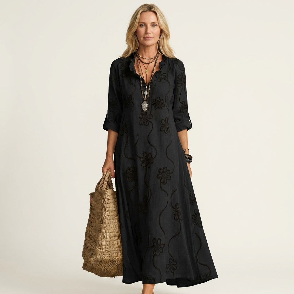 Odalys | Cotton and Linen Maxi Dress with Tonal Floral Embroidery