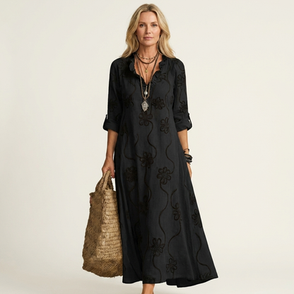 Odalys | Cotton and Linen Maxi Dress with Tonal Floral Embroidery