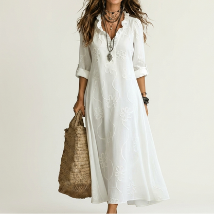 Odalys | Cotton and Linen Maxi Dress with Tonal Floral Embroidery