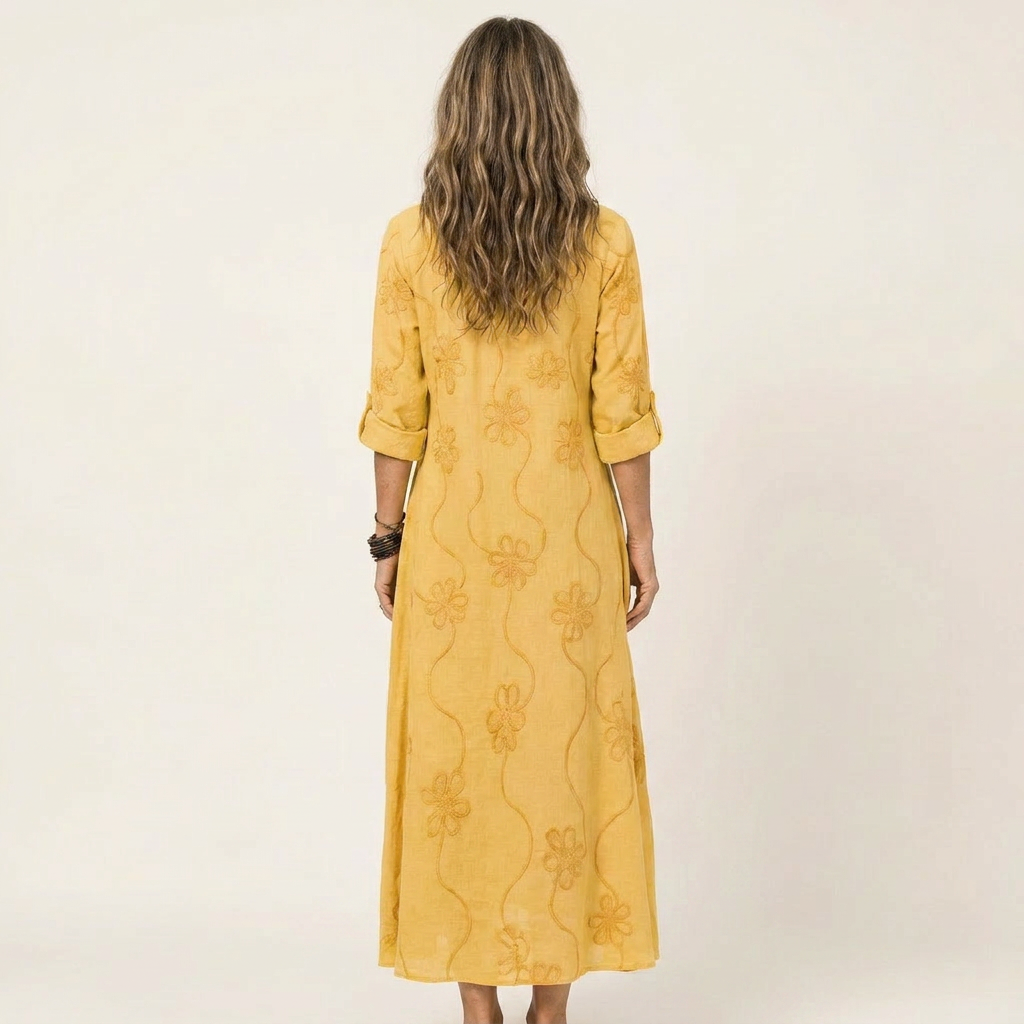 Odalys | Cotton and Linen Maxi Dress with Tonal Floral Embroidery