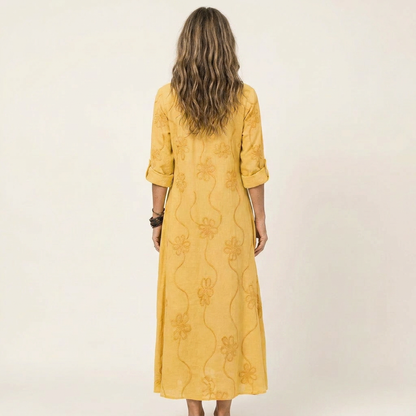 Odalys | Cotton and Linen Maxi Dress with Tonal Floral Embroidery