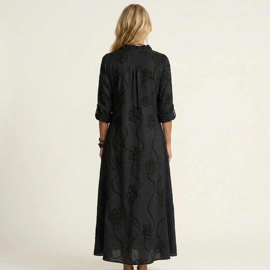 Odalys | Cotton and Linen Maxi Dress with Tonal Floral Embroidery
