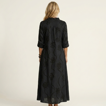 Odalys | Cotton and Linen Maxi Dress with Tonal Floral Embroidery