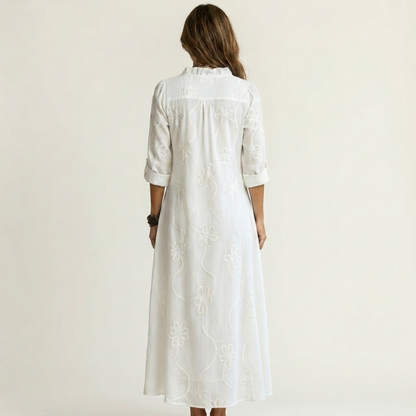 Odalys | Cotton and Linen Maxi Dress with Tonal Floral Embroidery